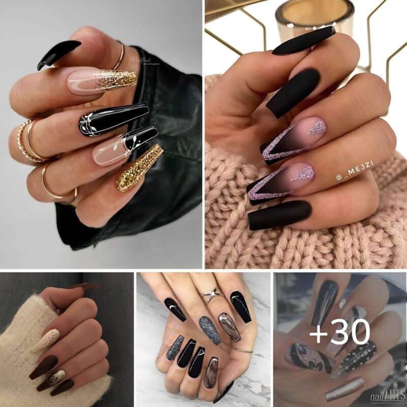 30 Enchanting Blɑck Glitter Nails That Embrɑce Glɑm Over Goth